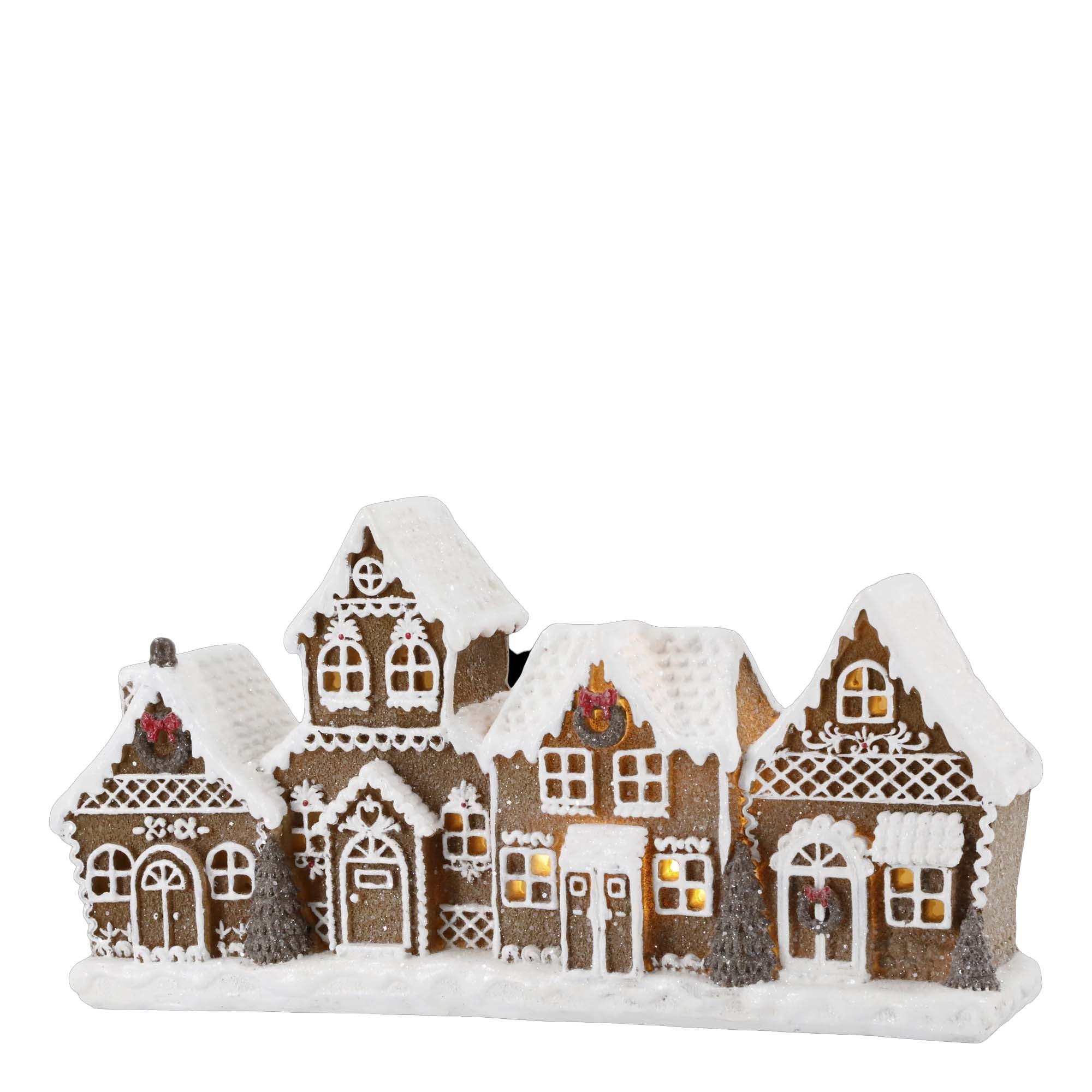 Pepperkakehus i rekke m. LED, H12,5/L24,5/B6,5 cm mocca