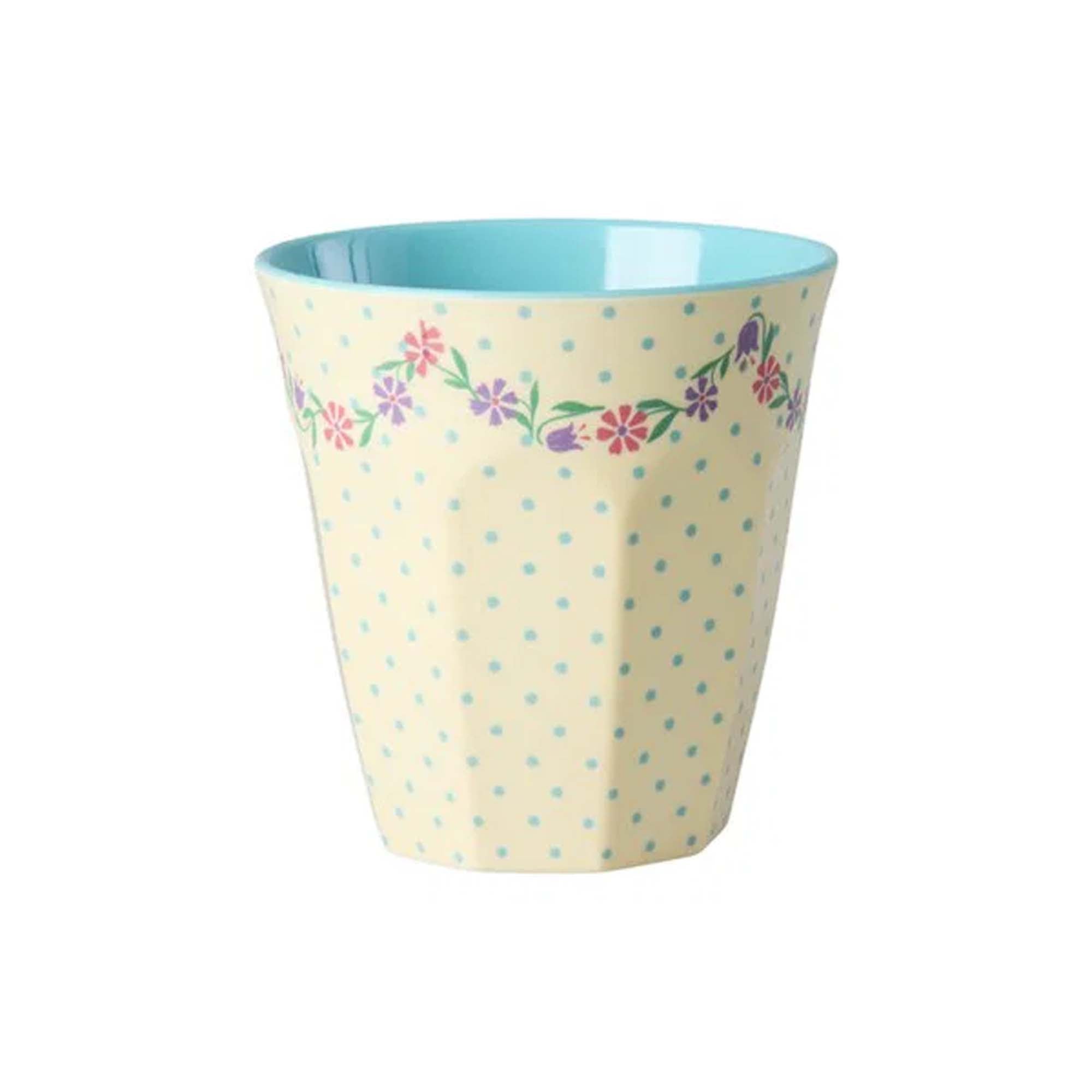 Rice Melaminkopp Lys Gul m/prikker og blomster