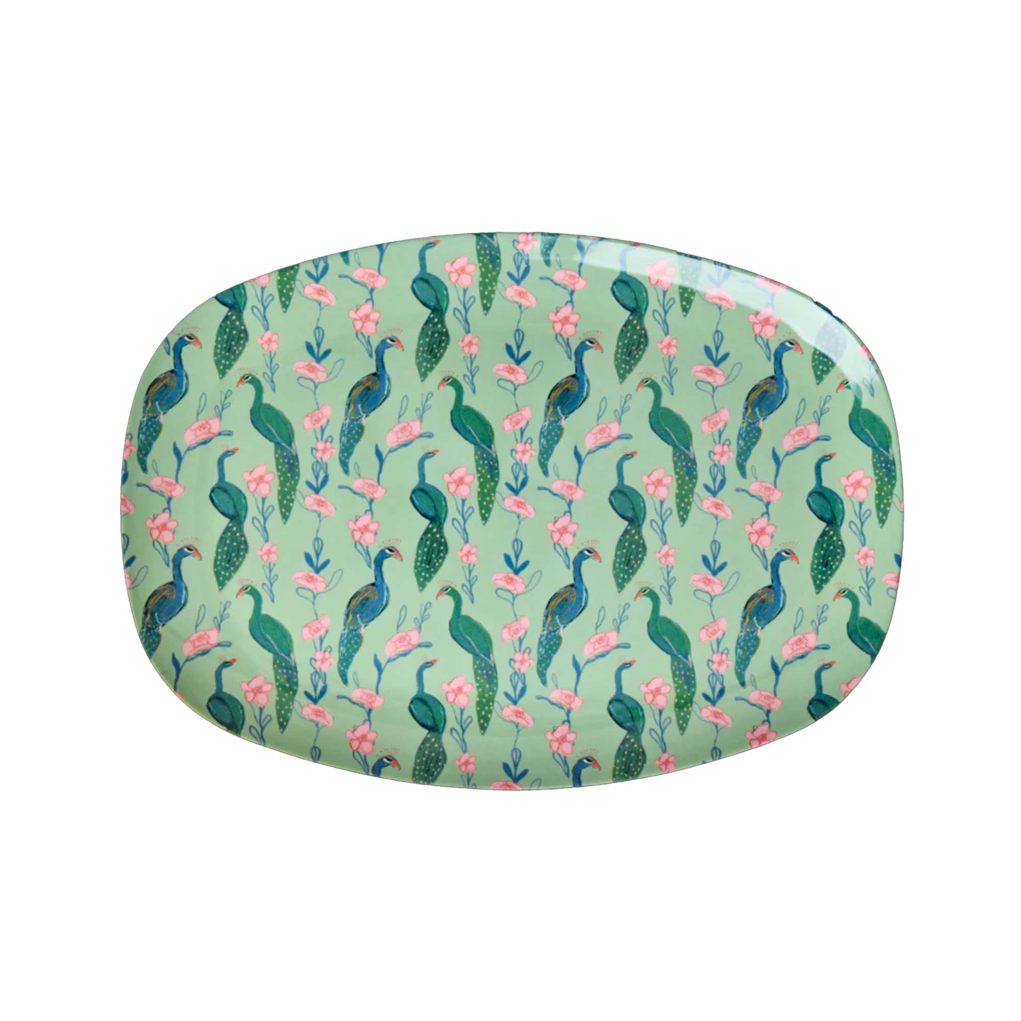 Rice Melamintallerken Avlang m/Påfugl